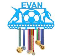 KreateSquare Personalised Medal Hanger for Football | Durable Medal Display Rack Made from 3mm Acrylic | 2 Row Medal Rack Personalised with Name | Perfect Wall & Bedroom Decor (Blue)