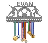 KreateSquare Personalised Medal Hanger for Football | Durable Medal Display Rack Made from 3mm Acrylic | 2 Row Medal Rack Personalised with Name | Perfect Wall & Bedroom Decor (Dark Grey)