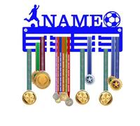 KreateSquare Personalised Medal Hanger for Football | Sturdy 3-Row Medal Display Rack Made from 3mm Acrylic | Customised with Your Name | Ideal Wall & Bedroom Decoration (Black) (Royal Blue)