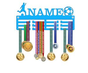 KreateSquare Personalised Medal Hanger for Football | Sturdy 3-Row Medal Display Rack Made from 3mm Acrylic | Customised with Your Name | Ideal Wall & Bedroom Decoration (Black) (Blue)