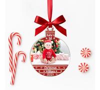KreateSquare Personalised Photo Christmas Bauble for Baby's First Christmas with Customised Name and Red Ribbon Round Shaped Baubles | Celebrate Love & Togetherness - Custom Xmas Ornament Keepsake