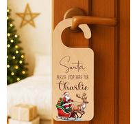 KreateSquare Personalised "Santa Please Stop Here" Door Hanger, Custom Name Christmas Sign for Kids & Families, Festive Christmas Eve Door Decoration, Wooden, White & Clear Acrylic Unique Gift UK
