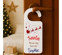 KreateSquare Personalised "Santa Please Stop Here" Door Hanger, Custom Name Christmas Sign for Kids & Families, Festive Christmas Eve Door Decoration, Wooden, White & Clear Acrylic Unique Gift UK