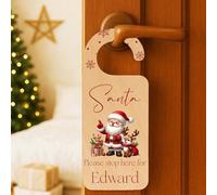 KreateSquare Personalised "Santa Please Stop Here" Door Hanger, Custom Name Christmas Sign for Kids & Families, Festive Christmas Eve Door Decoration, Wooden, White & Clear Acrylic Unique Gift UK