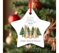 KreateSquare Personalised Star Bauble Custom Text Ceramic Tree Ornament | Solid white ceramic, 8.9cm (3.5"), 3mm profile, 50g. Pre-attached gold cord loop. Fade-resistant custom text print.
