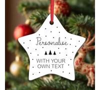 KreateSquare Personalised Star Bauble Custom Text Ceramic Tree Ornament | Solid white ceramic, 8.9cm (3.5"), 3mm profile, 50g. Pre-attached gold cord loop. Fade-resistant custom text print.