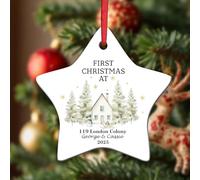 KreateSquare Personalised Star Bauble Custom Text Ceramic Tree Ornament | Solid white ceramic, 8.9cm (3.5"), 3mm profile, 50g. Pre-attached gold cord loop. Fade-resistant custom text print.
