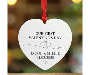 KreateSquare Personalised Valentine’s Day Photo Bauble - Custom Heart Ornament with Name - Romantic Couple Gift, Our First Valentine Keepsake, Hanging Ceramic Decoration for Him Her (Design-5, Heart)