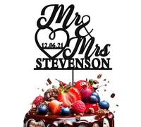 KreateSquare Personalised Wedding Cake Topper, Custom Name & Date, Mr and Mrs Cake Topper, 3MM Wooden, Ideal Wedding Decoration, Engagement Decoration, Bride and Groom Cake toppers (Black Wood)