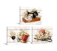KREATIVE ARTS Retro Sewing Machine Canvas Print with Beautiful Lily Flower - Framed Farmhouse Art Wall Decor for Sewing Lovers, Home Sewing Room, 12x16'', 3 Pieces