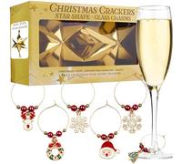 KreativeKraft Luxury Christmas Crackers, 6 Pack Deluxe Xmas Crackers, Wine Glass Charms & Festive Glass Markers, Fun Novelty Xmas & Party Table Decor (Gold Star)