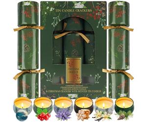 KreativeKraft Luxury Christmas Crackers, Pack of 6 Deluxe Xmas Crackers with Mini Scented Candles, Festive Seasonal Christmas Decor & Party Gifts (Green Tin)