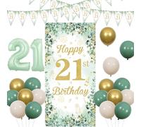 Kreatwow 21st Birthday Decorations Sage Green Happy 21st Birthday Door Banner 21st Triangle Flags Banner 21 Years Old Party Decorations Number 21 Foil Balloons for Her and Him