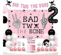 Kreatwow Bad Two The Bone 2nd Birthday Decorations Rock Theme Backdrop Set Number 2 Balloon Cake Topper Cupcake Toppers Black Pink 2nd Birthday Party Decorations Music Party Supplies
