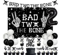 Kreatwow Bad Two The Bone Birthday Decorations Bad 2 The Bone Backdrop Music Themed 2nd Birthday Decorations with Bad Two The Bone Banner Skeleton Cake Decor Balloons for Rock and Roll Birthday