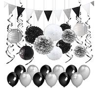 Kreatwow Black and Silver Party Decorations Tissue Paper Pom Poms Paper Lanterns Pennant Banner Swirls Pack for Birthday Party, Bachelorette, Retirement, Graduation Decorations