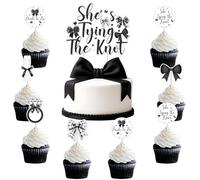 Kreatwow Black Bow Bridal Shower Decorations 25pcs She's Tying The Knot Cake Topper Black Bow Tie Cupcake Toppers Bowknot Cake Decoration Princess Birthday Decoration for Bachelorette Wedding