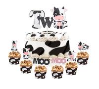 Kreatwow Cow 2nd Birthday Cake Topper - Barnyard Cake Decorations, Farm Animal Cupcake Toppers for Two Year Old Boys Girls Birthday Party Supplies 25Pcs with Moo and Milk Cow Sign