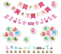 Kreatwow Dinosaur Birthday Party Decorations Girls Pink Dinosaur Balloons Happy Birthday Banner Garland Cupcake Toppers for Kids Dino Jungle Theme 1st 2nd 3rd 4th 5th Birthday Baby Shower Decoration