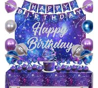 Kreatwow Galaxy Birthday Party Decorations Galaxy Happy Birthday Backdrop Galaxy Tablecloth Happy Birthday Banner Cake Toppers for Starry Sky Space Themed Birthday Outer Space Themed Birthday Party