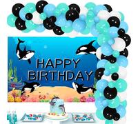 Kreatwow Killer Whale Birthday Party Decorations: Orca Birthday Backdrop Banner, Balloon Garland Arch, Blue Black White Balloons for Boy Girl Under The Sea Birthday Party Supplies