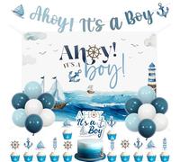 Kreatwow Nautical Baby Shower Decorations Ahoy It's A Boy Backdrop Banner Nautical Party Cake Topper Ocean Navy Theme Party Sailor Birthday Ocean Sailing Sailboat Lighthouse Decor for Pregnancy