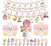 Kreatwow Pink Farm Animals Birthday Decorations Farmhouse Floral Theme Happy Birthday Banner Hanging Swirls Cake Cupcake Toppers Cow Print Balloons for Barnyard Theme 2nd 3rd Bday Party