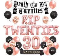 Kreatwow Rip Twenties 30th Birthday Decoration for Women 20s Birthday Decor Black and Rose Gold Balloon Death to My Twenties Banner, Rip to My 20s Sash, 30 Foil Balloon for Funny Thirty Bday