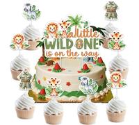 Kreatwow Safari Animal Baby Shower Decorations A Wild One Is On The Way Cake Topper Safari Animal Cupcake Toppers 25Pcs Jungle Animals Birthday Decor Tropical Jungle Wild Forest Zoo Animals Cake Decor
