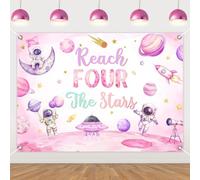 Kreatwow Space 4th Birthday Decoration for Girls Pink Reach Four The Stars Backdrop Banner 6.88x4.92ft Galaxy Theme Outer Space Birthday Planet Rocket Astronaut Theme Photography Background