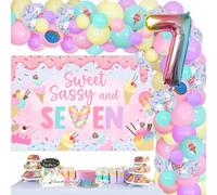 Kreatwow Sweet Sassy and Seven Birthday Decorations 75pcs Donut Backdrop Banner Decorations Ice Cream 7th Birthday Decorations Donut Balloon Garland Kit Ice Cream Balloon Sweet 7th Bday Decor