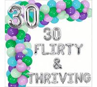 Kreatwow Thirty Flirty and Thriving Decorations Flirty and Thriving Balloon Garland Silver Cheers to 30 Birthday Decor 30 Letter Balloons Colourful for Women Blue Green 30th Party Backdrop