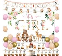 Kreatwow Woodland Baby Shower Decorations for Girls Woodland Animal Baby Shower Backdrop Woodland It's A Girl Banner Garland Woodland Cake Topper for Floral Themed Forest Animal Gender Reveal Party
