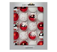 Krebs & Sohn Set of 20 Glass Baubles - Be Happy Christmas Tree Decorations - Christmas Tree Baubles - Red, White, Silver