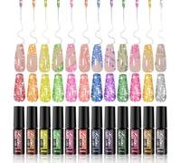 Kredioo Reflective Nail Art Gel Liner 12 PCS, Glitter Red Silver, Golden Green Pink Set, DIY Salon Nail Art Kit, Built Thin Brush Pens for Painted Swirl Nails
