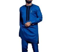 [Kreeqe] African Clothing Middle Eastern Ethnic Leisure Slim Fit Shirt Pants Set Men Comfortable (Blue, M)