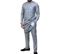 [Kreeqe] African Clothing Middle Eastern Ethnic Leisure Slim Fit Shirt Pants Set Men Comfortable (Silver, XXXXL)
