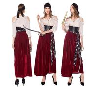 Kreeqe Classic Womens Pirate Costume Cotton Blend Multiple Styles Last Minute Halloween Cosplay Outfit Parties(Female-red,L)