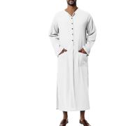 [Kreeqe] Comfortable Cotton Traditional Middle Eastern Robe Men's Loose Fit Stand Collar Long Sleeve Ethnic Cultural (White, S)
