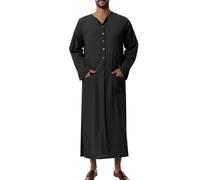 [Kreeqe] Comfortable Cotton Traditional Middle Eastern Robe Men's Loose Fit Stand Collar Long Sleeve Ethnic Culture (Black, XXL)