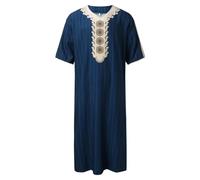 Kreeqe Comfortable Summer Arabic Oriental Print Bathrobe for Men Loose V Neck Short Sleeve Polyester Bathrobe (Navy, XXXL)