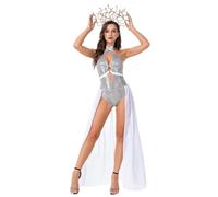 Kreeqe Egyptian Queen Witch Roman Lady Costume Set for Halloween Theatre Dance Performances Events Dress+Headpiece(white,L)
