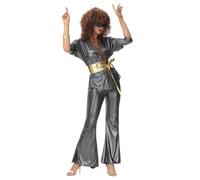 Kreeqe Groovy Hippie Disco Diva Costume for Women Halloween Party Non Scary Masquerade Dance Outfit 70s Retro Attire(black,M)