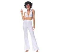 Kreeqe Groovy Hippie Disco Diva Costume for Women Halloween Party Non Scary Masquerade Dance Outfit 70s Retro Attire(white,XL)