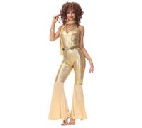 Kreeqe Groovy Hippie Disco Diva Costume for Women Halloween Party Non Scary Masquerade Dance Outfit 70s Retro Attire(golden,XL)