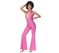 Kreeqe Groovy Hippie Disco Diva Costume for Women Halloween Party Non Scary Masquerade Dance Outfit 70s Retro Attire(pink,XL)