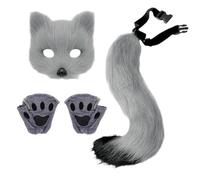 [Kreeqe] Real Fox Makeover Kit Realistic Mask Gloves Tail Ensemble Handmade Craft Multicolor Adult (Gray, 3 Piece, S, M)