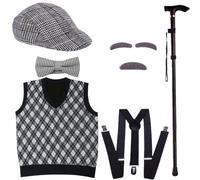 Kreeqe Scary Grandpa Grandma Costume Set with Wig, Moustache, Hat, Glasses and Accessories for Halloween Cosplay (Black Vest, Set-E, 150cm)