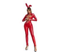 Kreeqe Shiny Patent Leather Women Halloween Bunny Costume Open Crotch Bodysuit Stage Lingerie Plus Size(red,L)