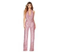 Kreeqe Sparkly Sequin Jumpsuit Halter Cowl Neck Backless Sequin Overalls Pants, Pink-gold, XL
